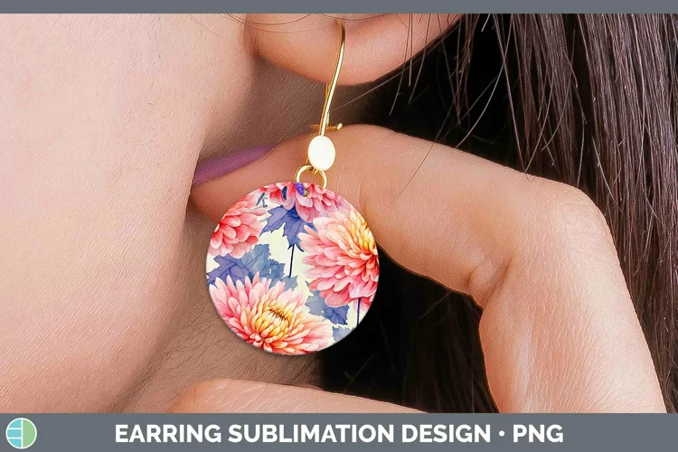 Watercolor Flowers Chrysanthemum Round Earrings Sublimation