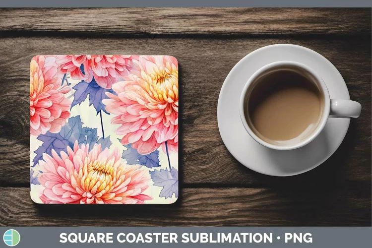 Watercolor Flowers Chrysanthemum Square Coaster Sublimation
