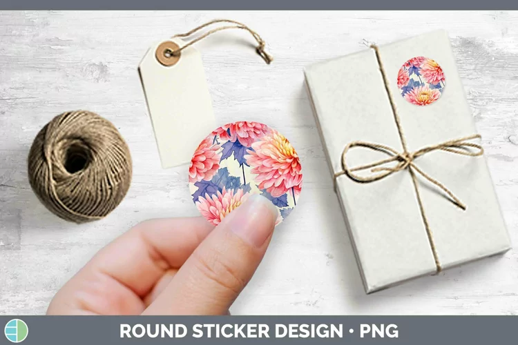 Watercolor Flowers Chrysanthemum Stickers | Round Labels Des