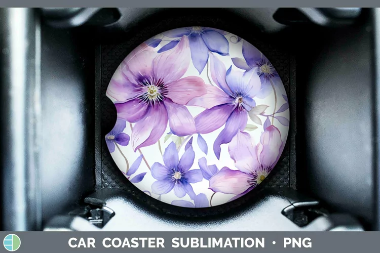 Watercolor Flowers Clematis Car Coaster Sublimation Coaster
