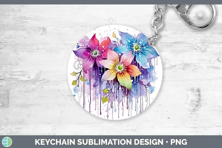 Watercolor Flowers Clematis Keychain Sublimation Keyring Des