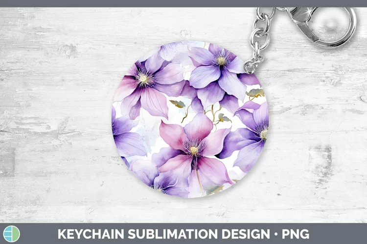 Watercolor Flowers Clematis Keychain Sublimation Keyring Des