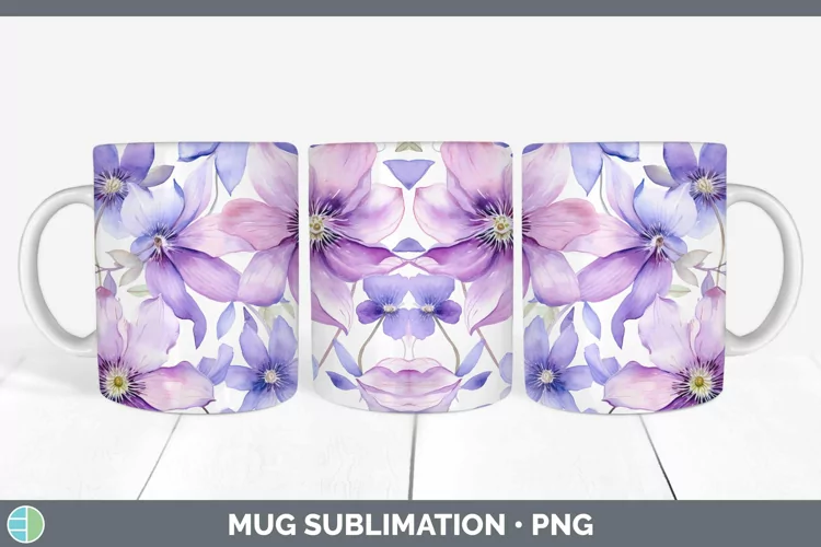 Watercolor Flowers Clematis Mug Wrap Sublimation Coffee Cup