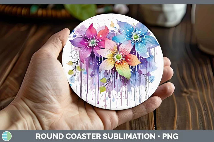 Watercolor Flowers Clematis Round Coaster Sublimation Coaste