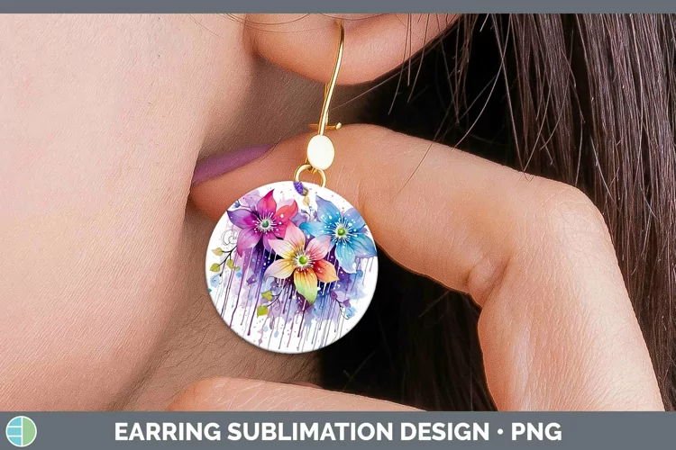 Watercolor Flowers Clematis Round Earrings Sublimation Earri