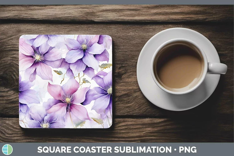 Watercolor Flowers Clematis Square Coaster Sublimation Coast