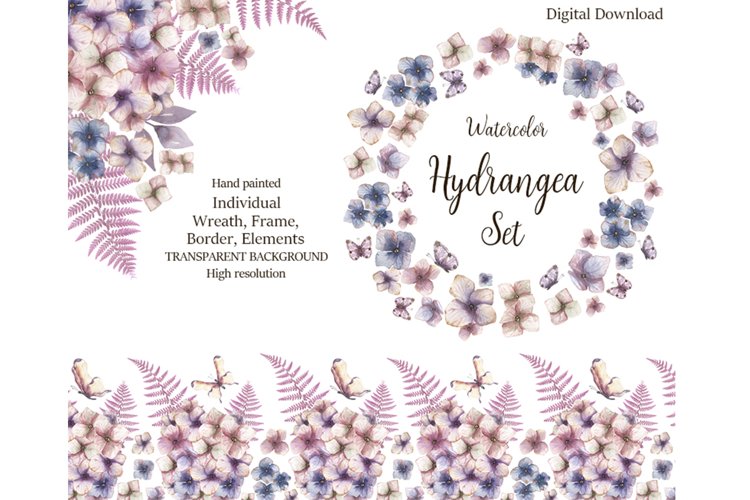 Watercolor hydrangea flower set Bundle example image 1