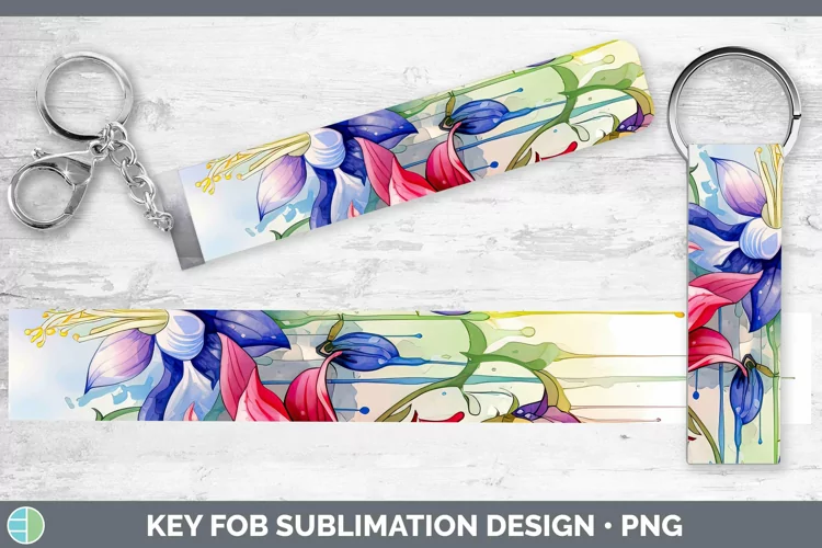 Watercolor Flowers Columbine Key Fob Sublimation Wristlet De