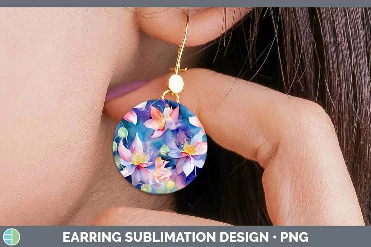 Watercolor Flowers Columbine Round Earrings Sublimation Earr