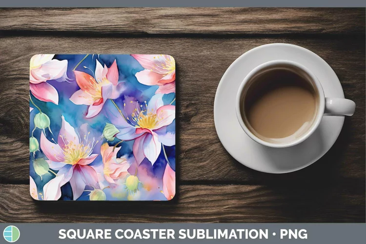 Watercolor Flowers Columbine Square Coaster Sublimation Coas