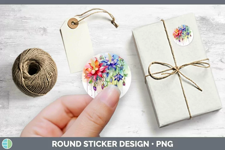 Watercolor Flowers Columbine Stickers | Round Labels Designs