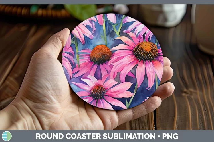 Watercolor Flowers Coneflower Round Coaster Sublimation Coas