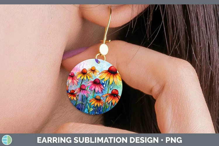 Watercolor Flowers Coneflower Round Earrings Sublimation Ear