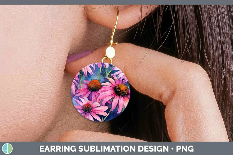 Watercolor Flowers Coneflower Round Earrings Sublimation Ear