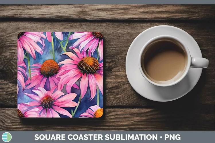 Watercolor Flowers Coneflower Square Coaster Sublimation Coa