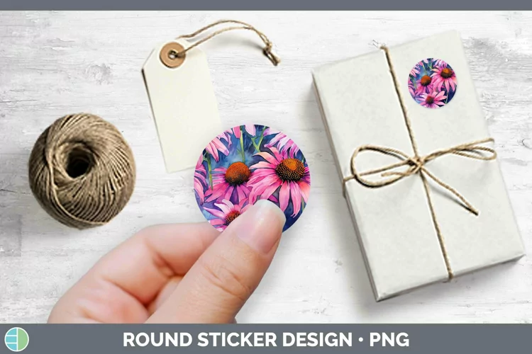 Watercolor Flowers Coneflower Stickers | Round Labels Design
