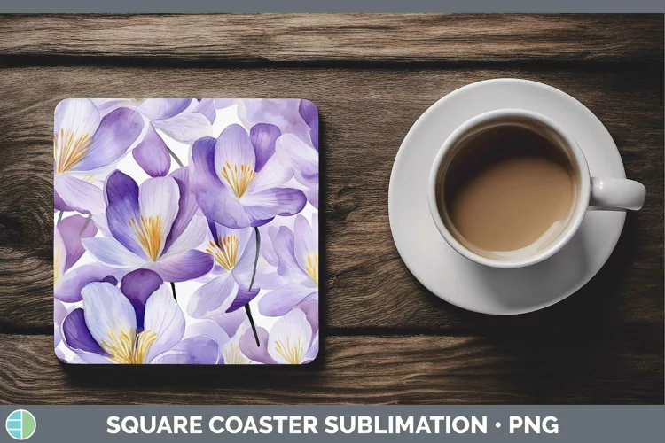 Watercolor Flowers Crocus Square Coaster Sublimation Coaster