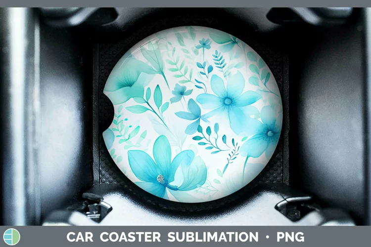 Watercolor Flowers Cyan Car Coaster Sublimation Coaster Desi