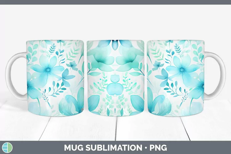 Watercolor Flowers Cyan Mug Wrap Sublimation Coffee Cup Desi