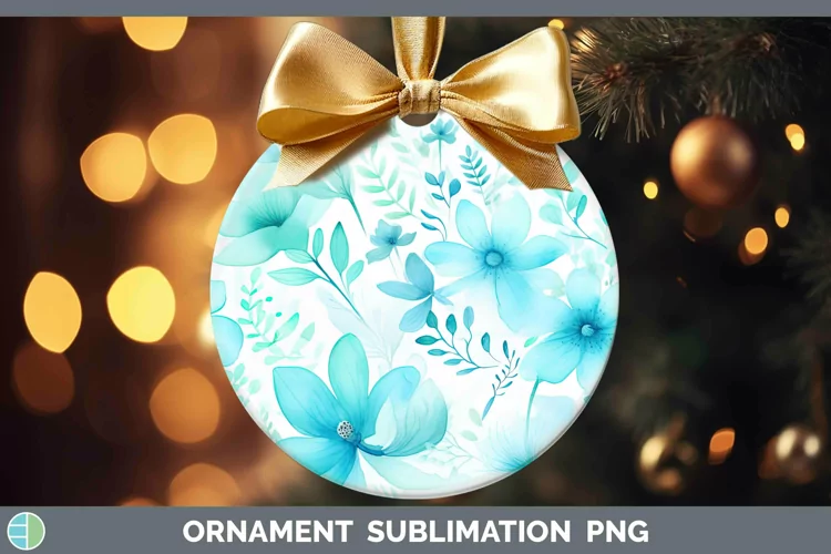 Watercolor Flowers Cyan Ornament Sublimation Bauble Designs