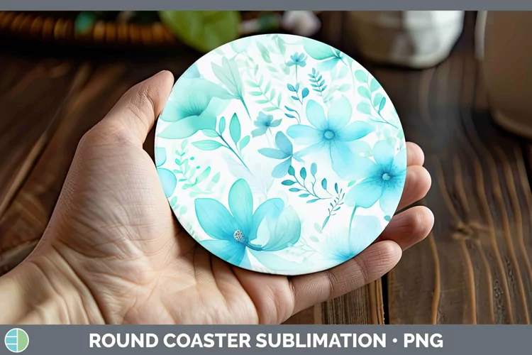 Watercolor Flowers Cyan Round Coaster Sublimation Coaster De