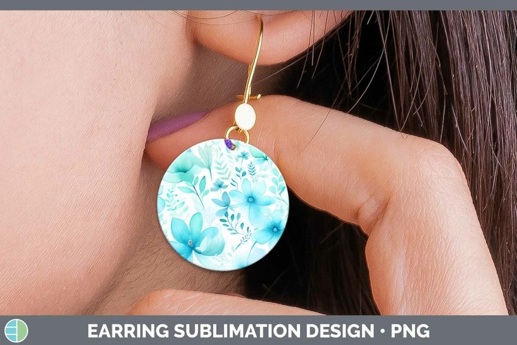 Watercolor Flowers Cyan Round Earrings Sublimation Earrings