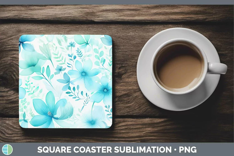 Watercolor Flowers Cyan Square Coaster Sublimation Coaster D