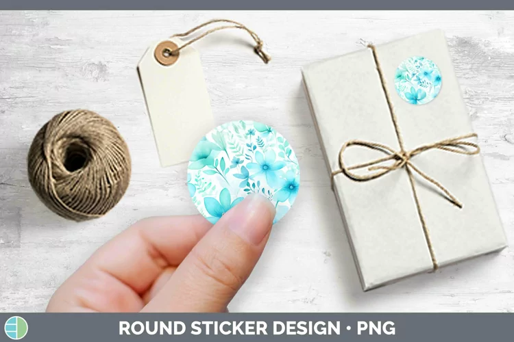 Watercolor Flowers Cyan Stickers | Round Labels Designs