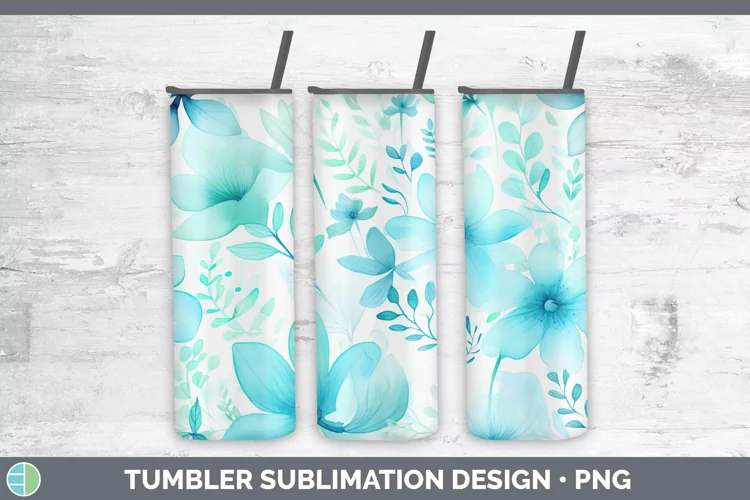 Watercolor Flowers Cyan Tumbler Sublimation 20 oz Skinny Tum