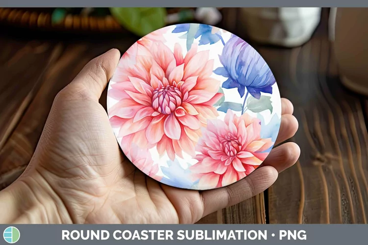 Watercolor Flowers Dahlia Round Coaster Sublimation Coaster