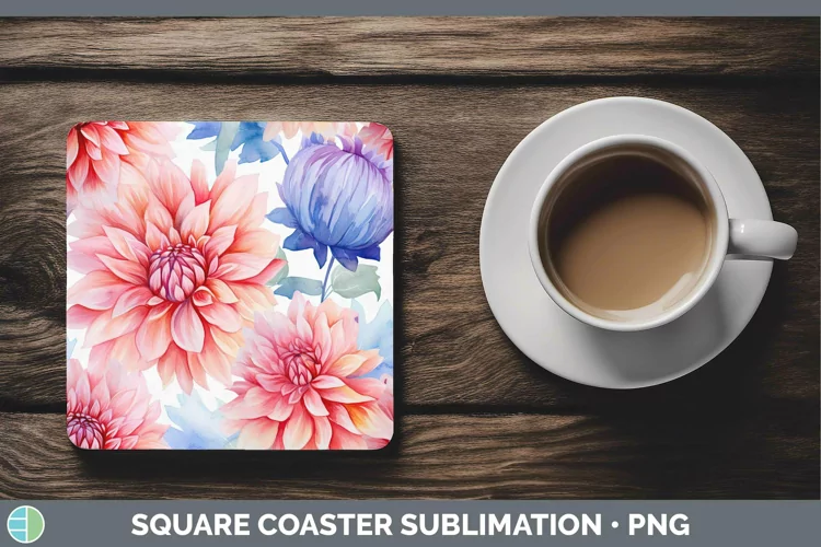 Watercolor Flowers Dahlia Square Coaster Sublimation Coaster