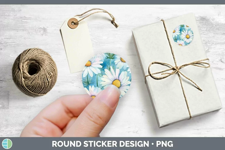 Watercolor Flowers Daisy Stickers | Round Labels Designs