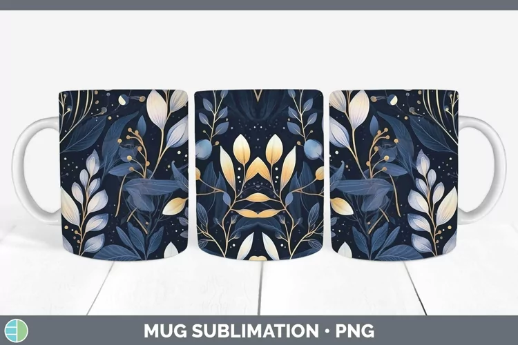 Watercolor Flowers Dark Blue Mug Wrap Sublimation Coffee Cup