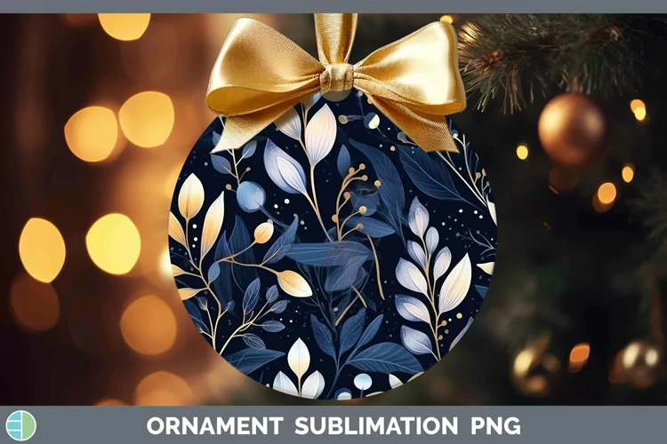 Watercolor Flowers Dark Blue Ornament Sublimation Bauble Des