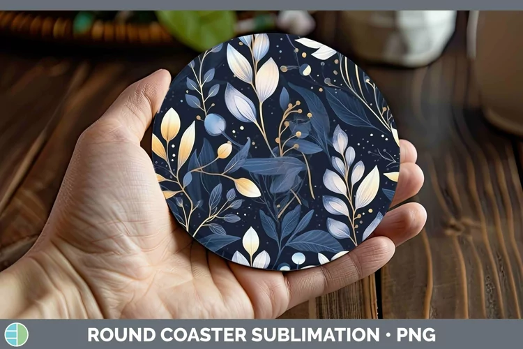Watercolor Flowers Dark Blue Round Coaster Sublimation Coast