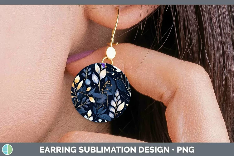 Watercolor Flowers Dark Blue Round Earrings Sublimation Earr