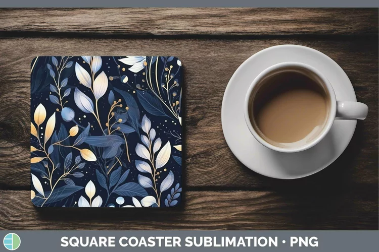 Watercolor Flowers Dark Blue Square Coaster Sublimation Coas