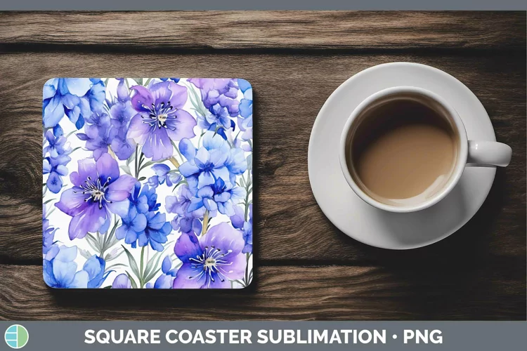 Watercolor Flowers Delphinium Square Coaster Sublimation Coa