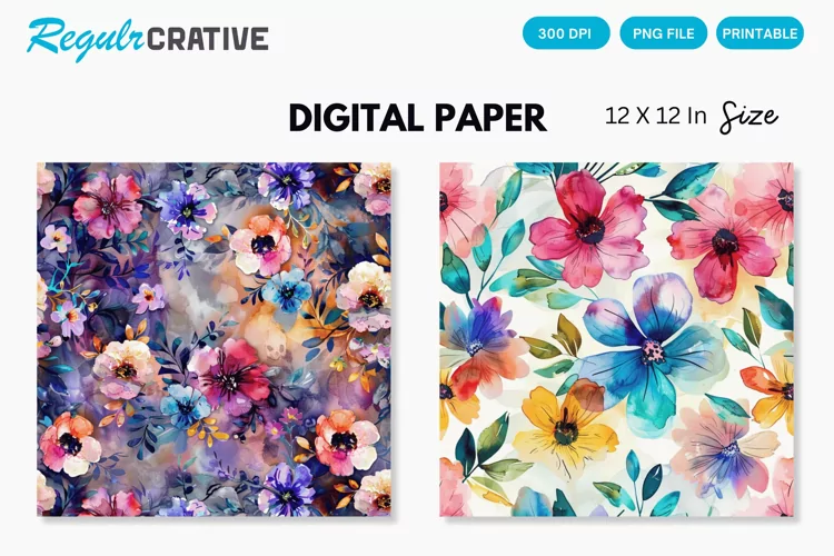Watercolor Flowers Digital Paper , Flowers Seamless Pattern