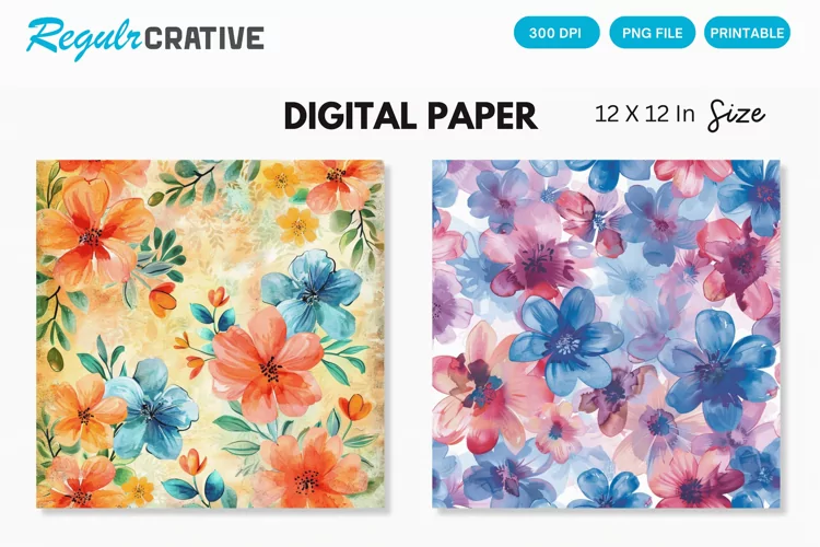 Watercolor Flowers Digital Paper , Flowers Seamless Pattern