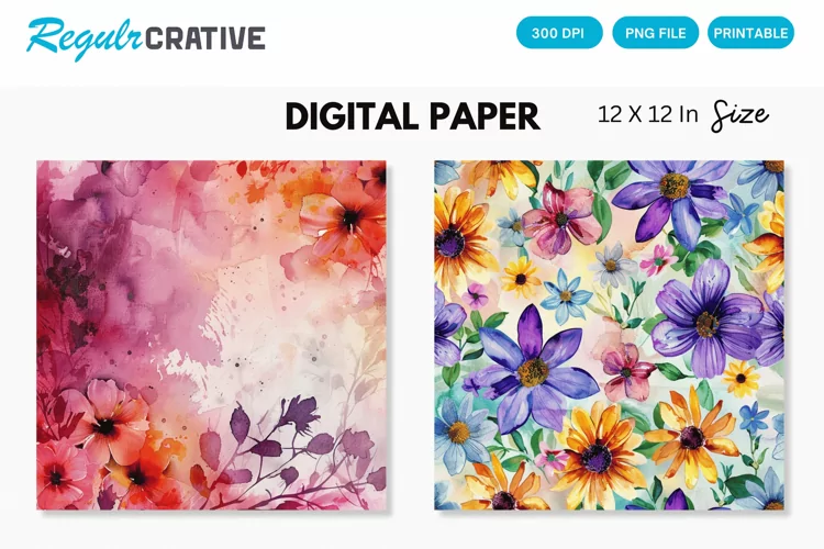 Watercolor Flowers Digital Paper , Flowers Seamless Pattern
