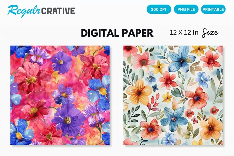 Watercolor Flowers Digital Paper , Flowers Seamless Pattern