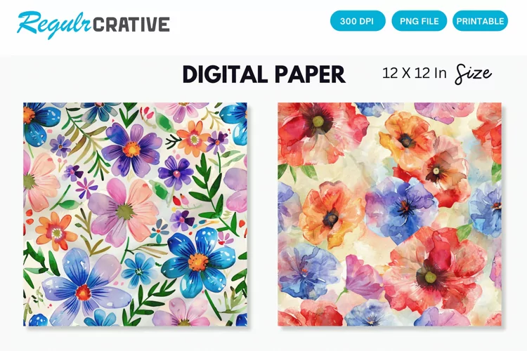 Watercolor Flowers Digital Paper , Flowers Seamless Pattern