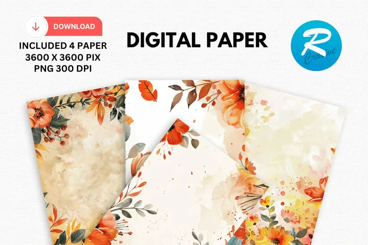 Watercolor Fall Flowers Digital Paper, Fall Background