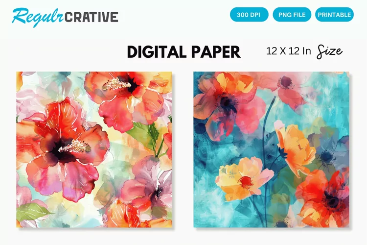Watercolor Flowers Digital Paper , Flowers Seamless Pattern