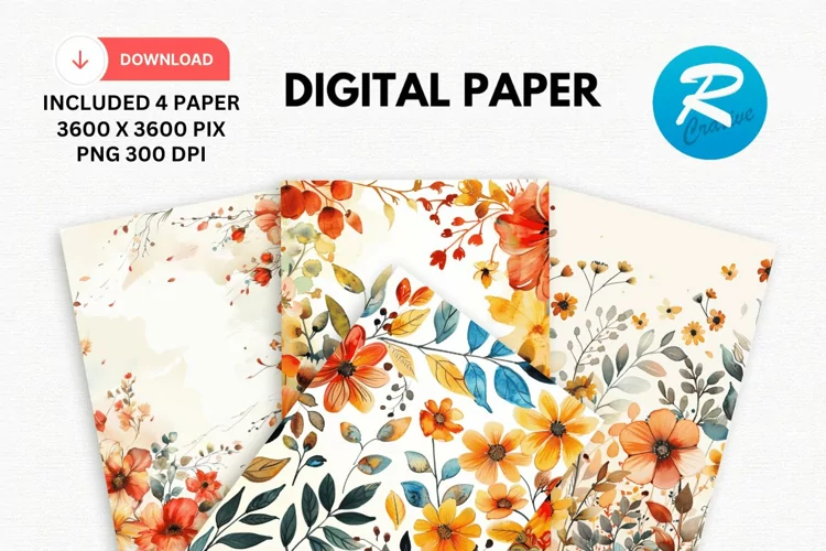 Watercolor Fall Flowers Digital Paper, Fall Background