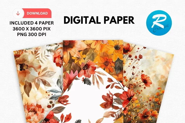 Watercolor Fall Flowers Digital Paper, Fall Background