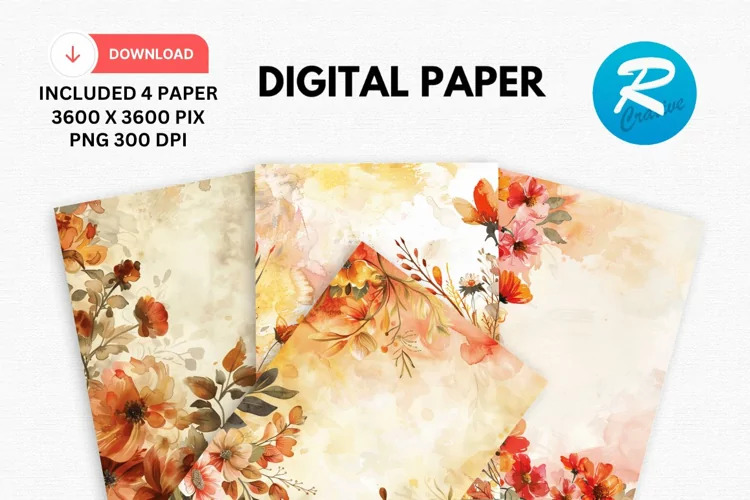 Watercolor Fall Flowers Digital Paper, Fall Background