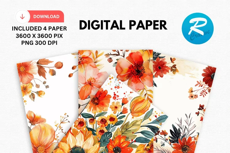 Watercolor Fall Flowers Digital Paper, Fall Background