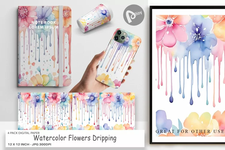 Digital Paper Watercolor Flower Drip